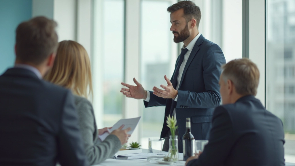 Professionelles Foto von anatomisch korrektem Geschäftsprofi, der während einer Besprechung präsentiert, zwei sichtbare Hände, moderner Konferenzraum, natürliche Beleuchtung, klarer Hintergrund ohne Text, KEIN Wasserzeichen, Professionelle Fotografie