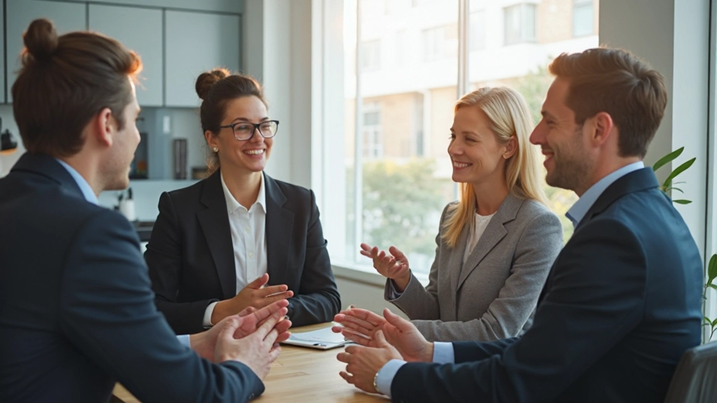 Professionelle Teamkollegen führen konstruktives Gespräch in modernem Büro mit positiver Körpersprache