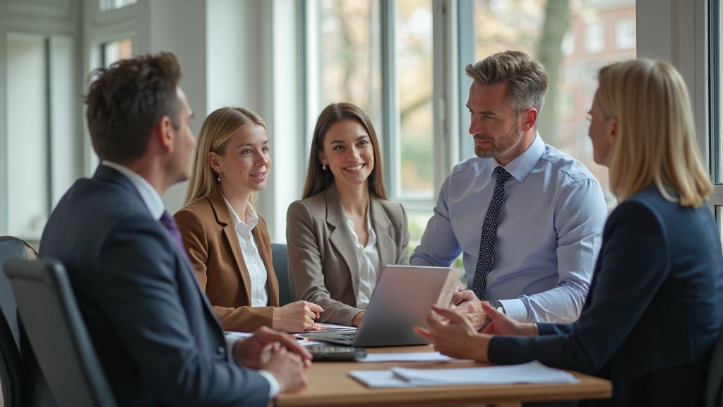 Professionelles Foto von anatomisch korrektem Geschäftsteam mit mehreren Personen in Diskussion, alle mit sichtbaren Händen und Köpfen, moderner Office-Raum mit Whiteboard, kooperative Atmosphäre, natürliche Beleuchtung, klarer Hintergrund ohne Text, KEIN Wasserzeichen, Professionelle Fotografie