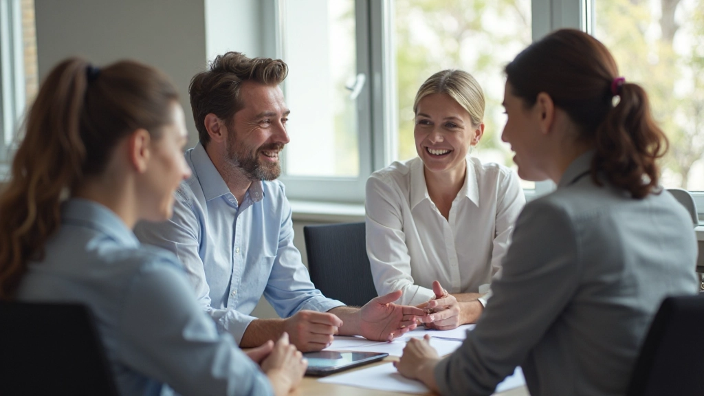 Diverse Teamkolleg:innen sitzen zusammen und diskutieren konstruktiv mit positiven Gesichtsausdrücken