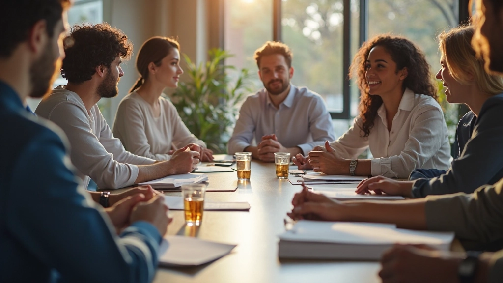 Diverse Teamkollegen arbeiten zusammen am Konferenztisch in konstruktiver Besprechung