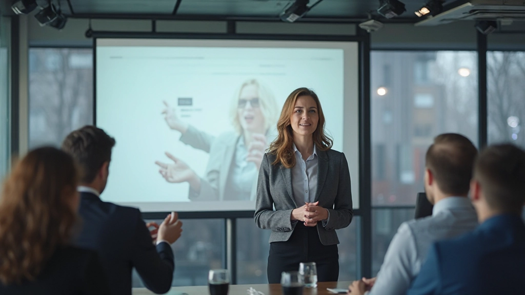 Professionelle Frau präsentiert vor Publikum mit Beamer und Folien