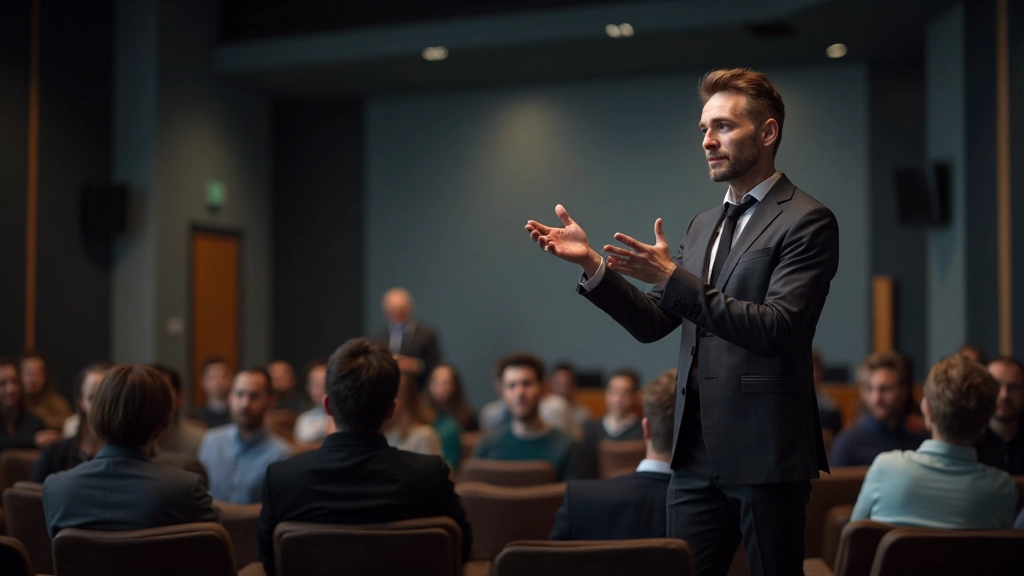 Anatomisch korrekte Person präsentiert vor Publikum mit professioneller Körpersprache und Gestik