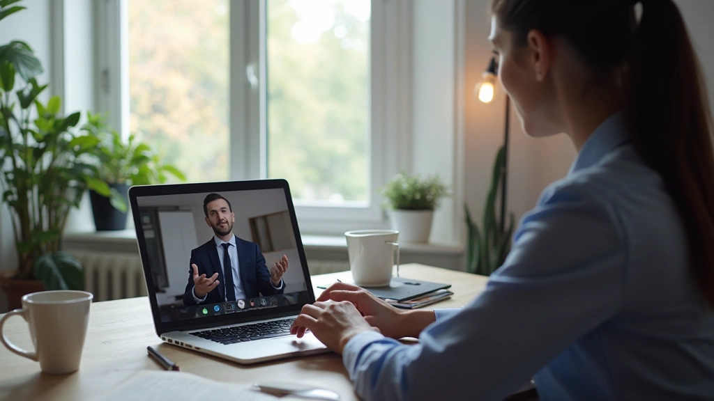 Professionelle Person nutzt Videokonferenz mit Laptop und zeigt aktive digitale Kommunikation