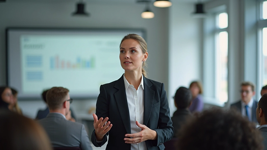 Professionelles Foto von anatomisch korrekter Frau, die vor Publikum präsentiert, zwei sichtbare Hände, moderner Präsentationsraum mit Leinwand, professionelle Beleuchtung, klarer Hintergrund, KEIN Wasserzeichen, KEIN Text auf Bild, Professionelle Fotografie